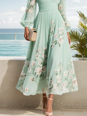 Light Green Ruched Floral Chiffon V Neck Long Sleeve Balloon Sleeve A-Line Maxi Dress