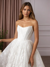 White Ball-Gown Strapless Sleeveless Lace Wedding Dress