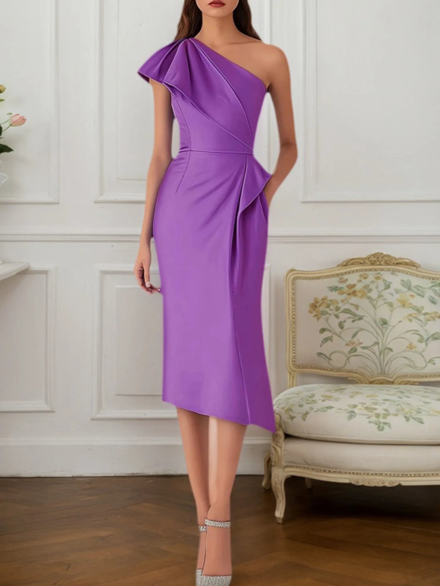 Fall Wedding Guest Dress Purple One-Shoulder Midi Dress with Pockets