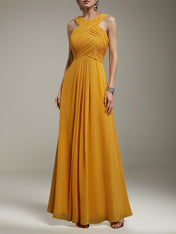 A Line Yellow Chiffon Cross Neck Sleeveless Floor Length Dress
