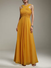 A Line Yellow Chiffon Cross Neck Sleeveless Floor Length Dress