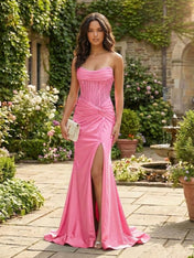 Lavender Strapless Satin Beaded Bodice Corset Prom Dress with Slit