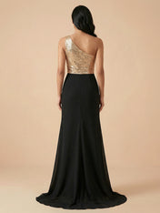 Elegant One-Shoulder Sequin Evening Gown with High Slit