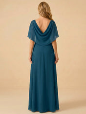A-Line Lace Appliques Draped Back Chiffon Mother of the Bride Dress Maxi Dress