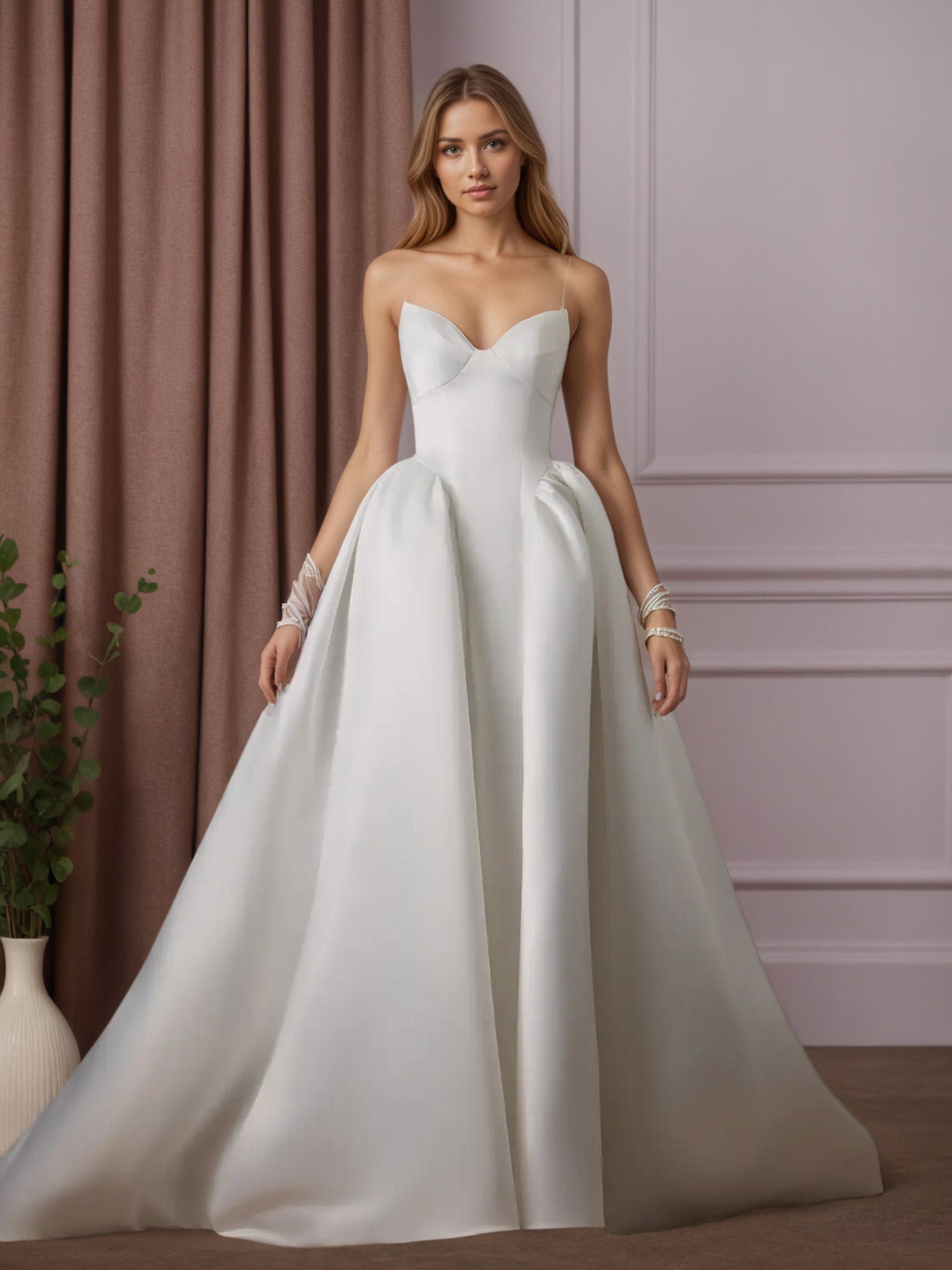 White A Line Strapless Satin Wedding Dress