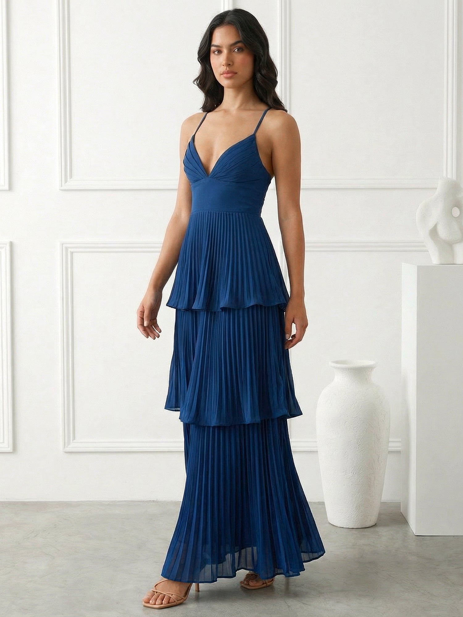Blue Tiered Mermaid Ankle Length V Neck Maxi Dresses