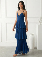 Blue Tiered Mermaid Ankle Length V Neck Maxi Dresses