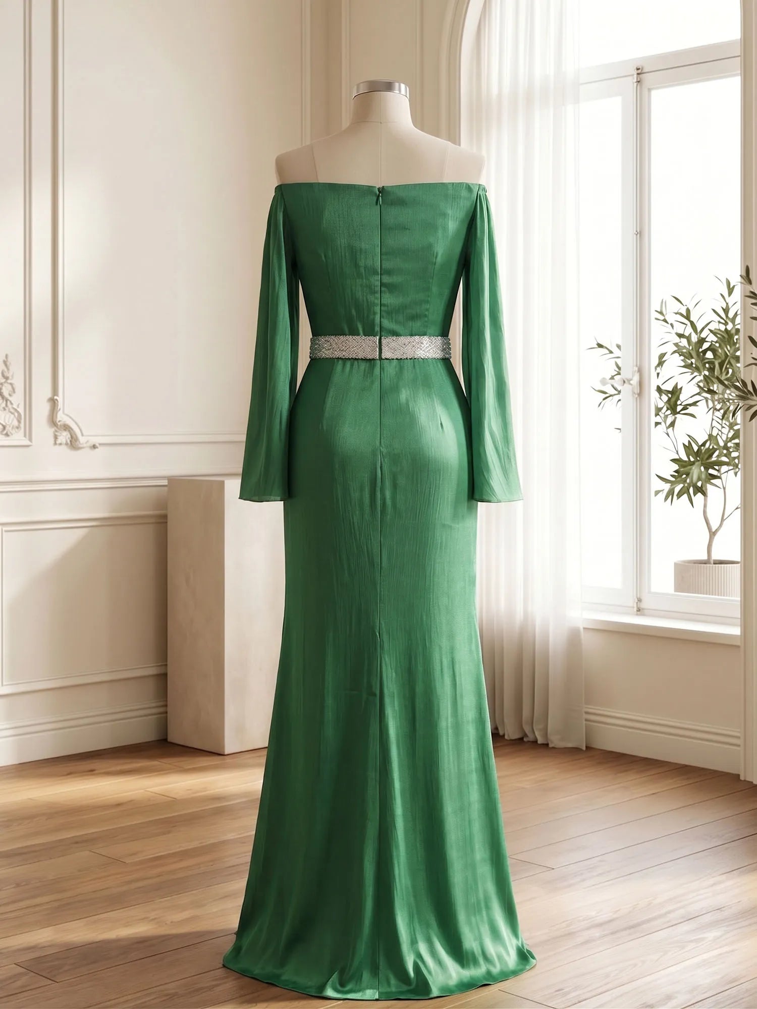 Off-the-Shoulder Long Sleeve Pleated Satin Mermaid Evening Gown with Sequins Belt