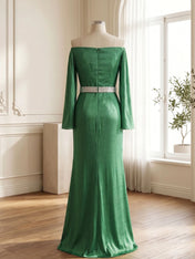 Off-the-Shoulder Long Sleeve Pleated Satin Mermaid Evening Gown with Sequins Belt