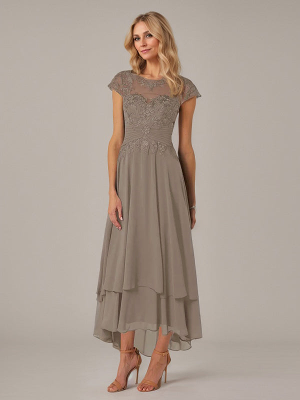 A-line Boat Neck Illusion Asymmetrical Chiffon Lace Mother of the Bride Dress With Applique Pleats