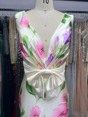 White Bow Floral V Neck Sleeveless Mermaid Gown Satin Dress