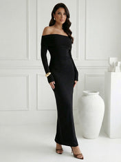 Black Long Sleeves Strapless Mermaid Satin Maxi Dress