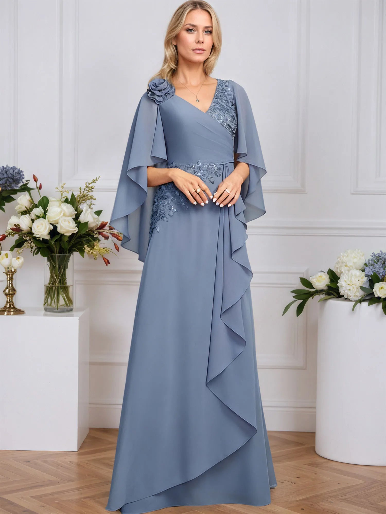 A-line V-Neck Floor-Length Lace Chiffon Mother of the Bride Dress With 3D Floral Sequins Cascading Ruffles