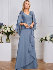 A-line V-Neck Floor-Length Lace Chiffon Mother of the Bride Dress With 3D Floral Sequins Cascading Ruffles