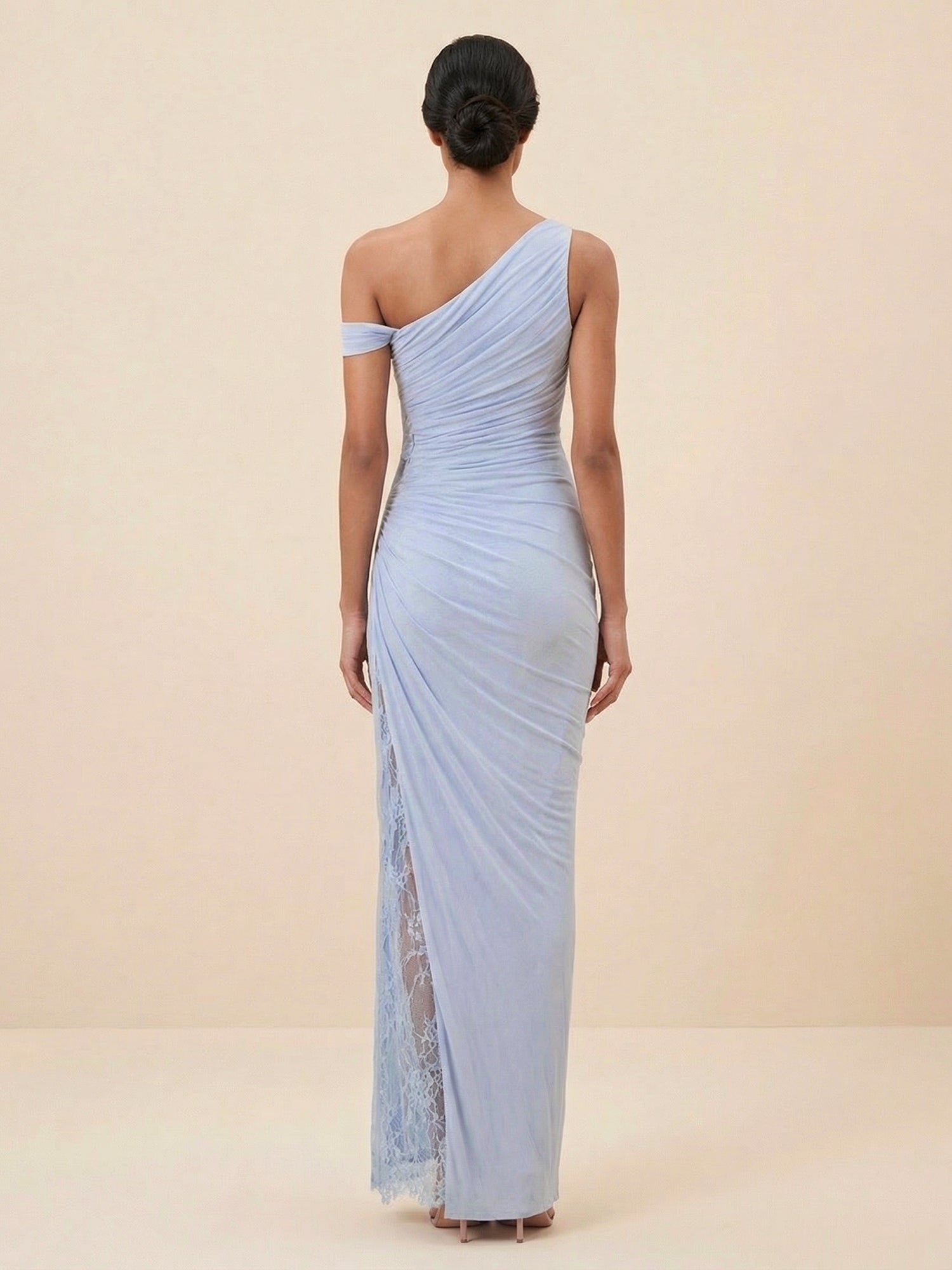 Elegant One-Shoulder Draped Maxi Dress with Lace Slit