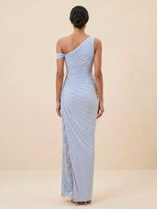 Elegant One-Shoulder Draped Maxi Dress with Lace Slit