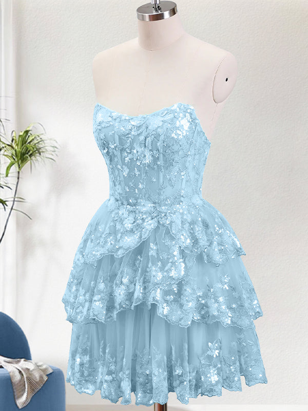 Sparkly Light Blue A Line Corset Tiered Short Homecoming Dress with Lace Up Back