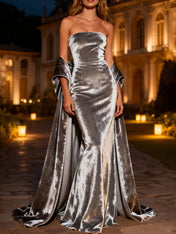 Silver Long Mermaid Velvet Holiday Party Dress with Cape