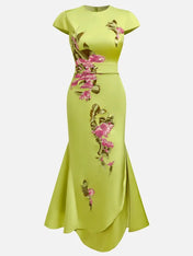 Green Floral Embroidered Cap Sleeve Slit Sheath Maxi Dress
