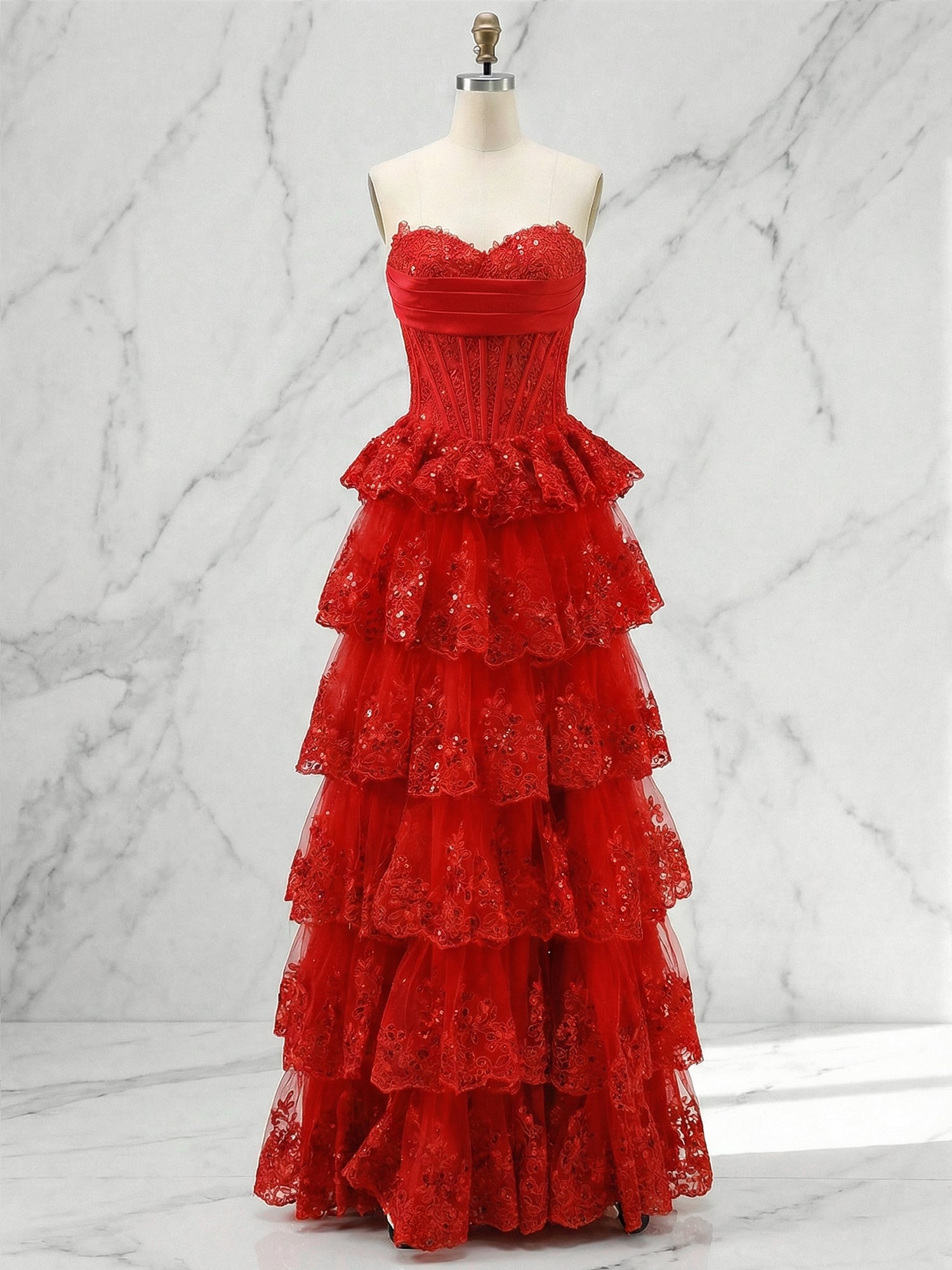 Pink A Line Strapless Sweetheart Tiered Lace Corset Prom Dress