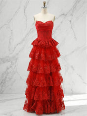 Pink A Line Strapless Sweetheart Tiered Lace Corset Prom Dress