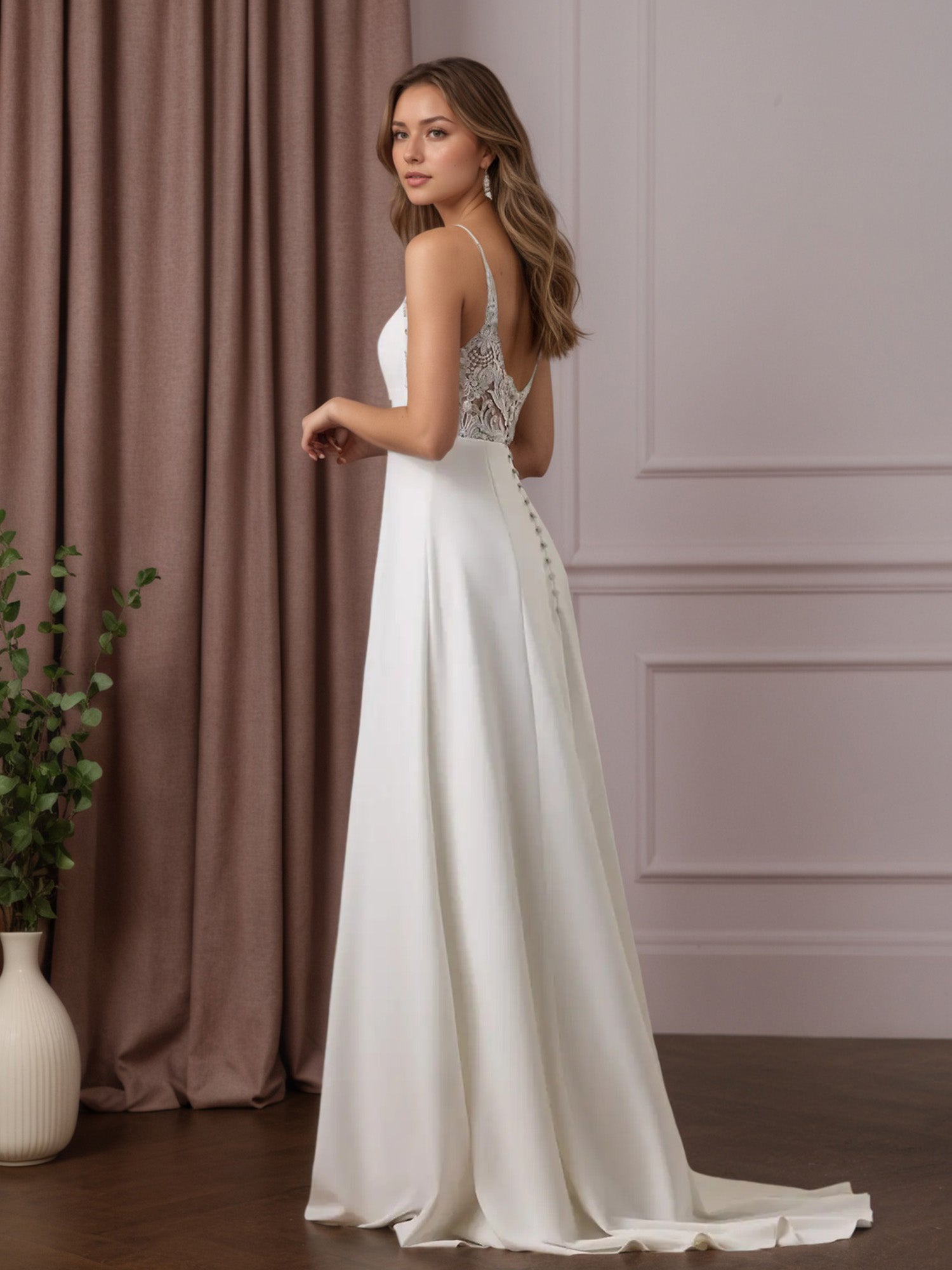 White A-Line V-Neck Sequins Stretch Crepe Wedding Dress