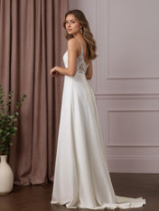 White A-Line V-Neck Sequins Stretch Crepe Wedding Dress