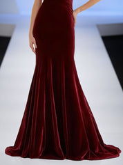 Evening Formal Dress Burgundy One Shoulder Velvet Maxi Dress With 3D Flower