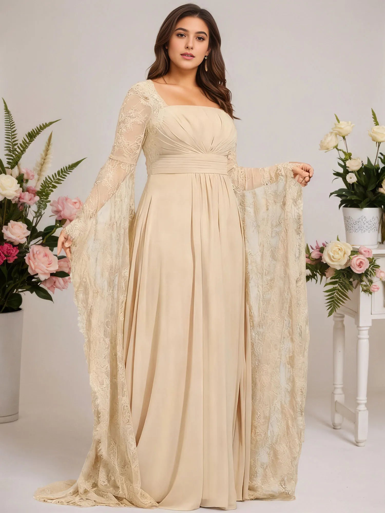 A-line Square Floor-Length Chiffon Lace Evening Dress With Beading Pleated