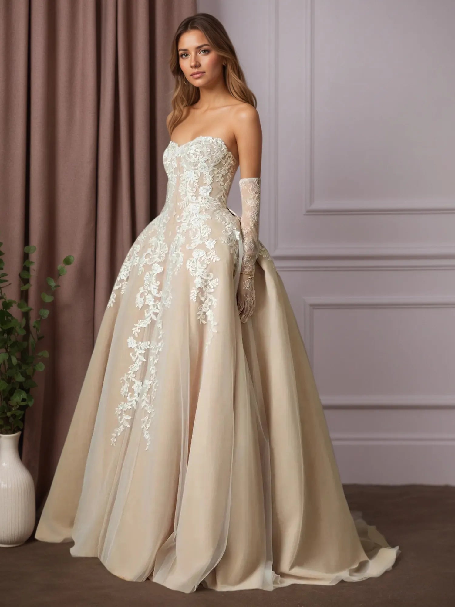 White Champagne Ball-Gown Strapless Lace Wedding Dress