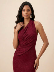 Burgundy Glitter Halter Draped Neck Mermaid Maxi Dress