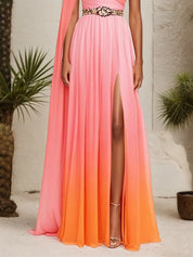 Pink Side-Slit One Shoulder Sleeveless A-Line Gown Chiffon Dress
