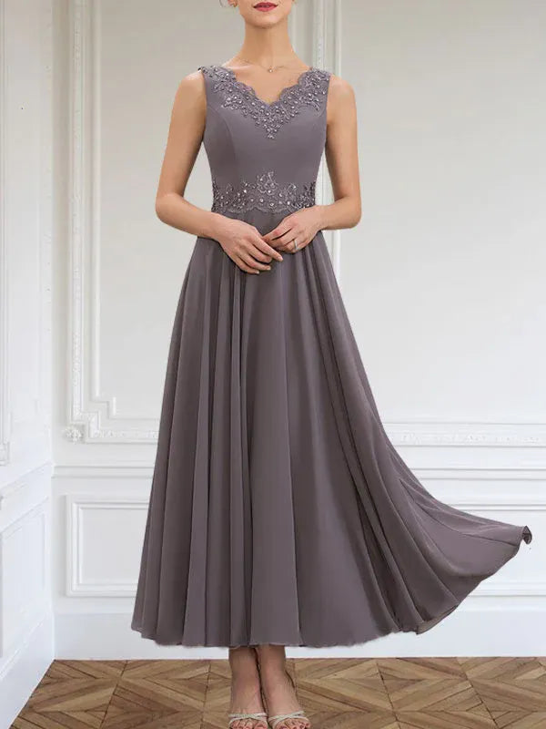 Robe de mère de la mariée trapèze en mousseline de soie, col en V, longueur cheville, avec appliques à paillettes et perles en dentelle 