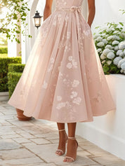 Light Pink Embroidered V Neck Sleeveless A-Line Midi Dress