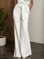 Women White Bow One Shoulder Wide-Leg Jumpsuit