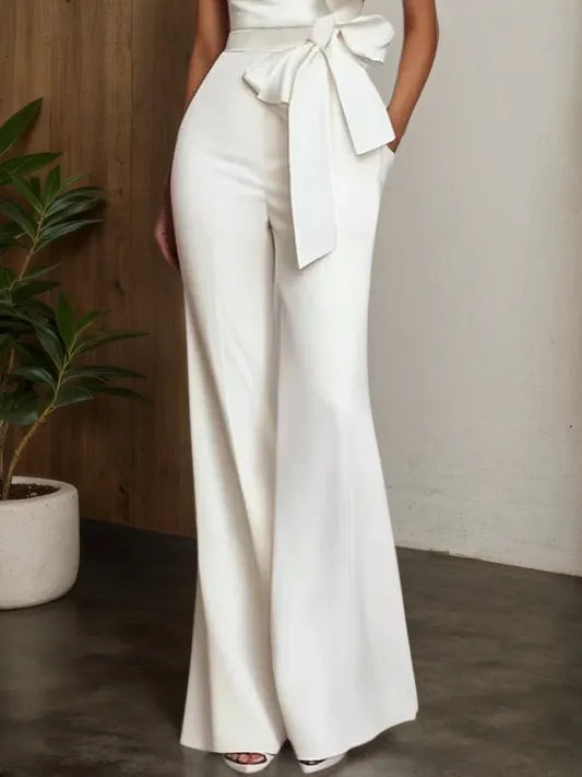 Women White Bow One Shoulder Wide-Leg Jumpsuit