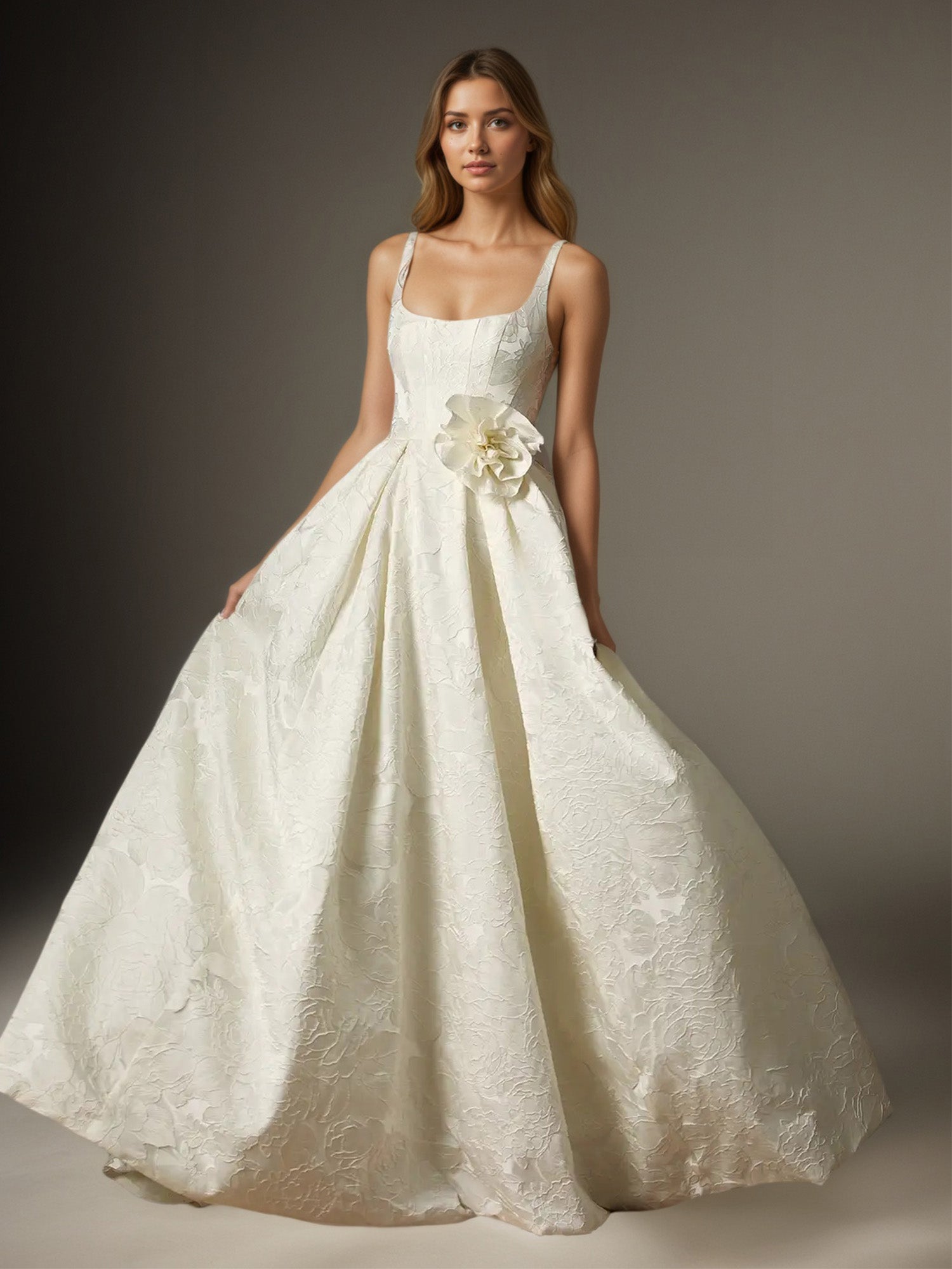 White Ball-Gown with Pockets Floral Jacquard Wedding Dress