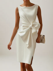 White Stretch Crepe Round Neck Sleeveless Knee Length Dress With Bow