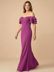 Off the Shoulder Strapless Satin Tiered Mother of the Bride Dress for Women