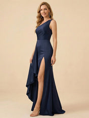 Navy Blue One-Shoulder with Ruched Bodice and High Slit