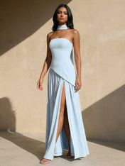 Light Blue Strapless Maxi Dresses with Scarf A Line Slit Evening Dress