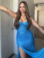 Sparkly Red Mermaid Spaghetti Straps Long Prom Dresses with Slit