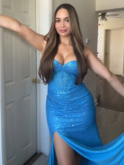 Sparkly Red Mermaid Spaghetti Straps Long Prom Dresses with Slit
