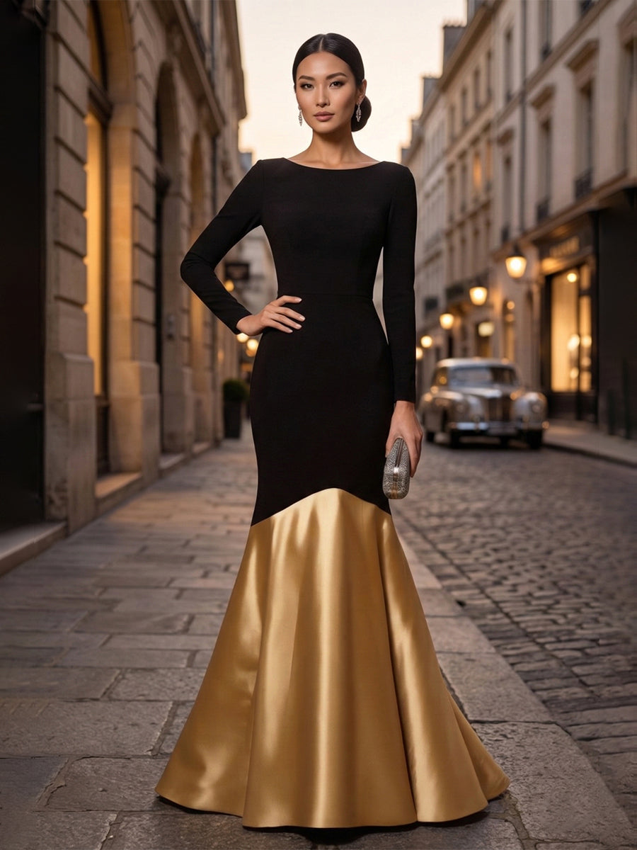 Formal Evening Dress Black Crew Neck Long Sleeve Maxi Mermaid Dress