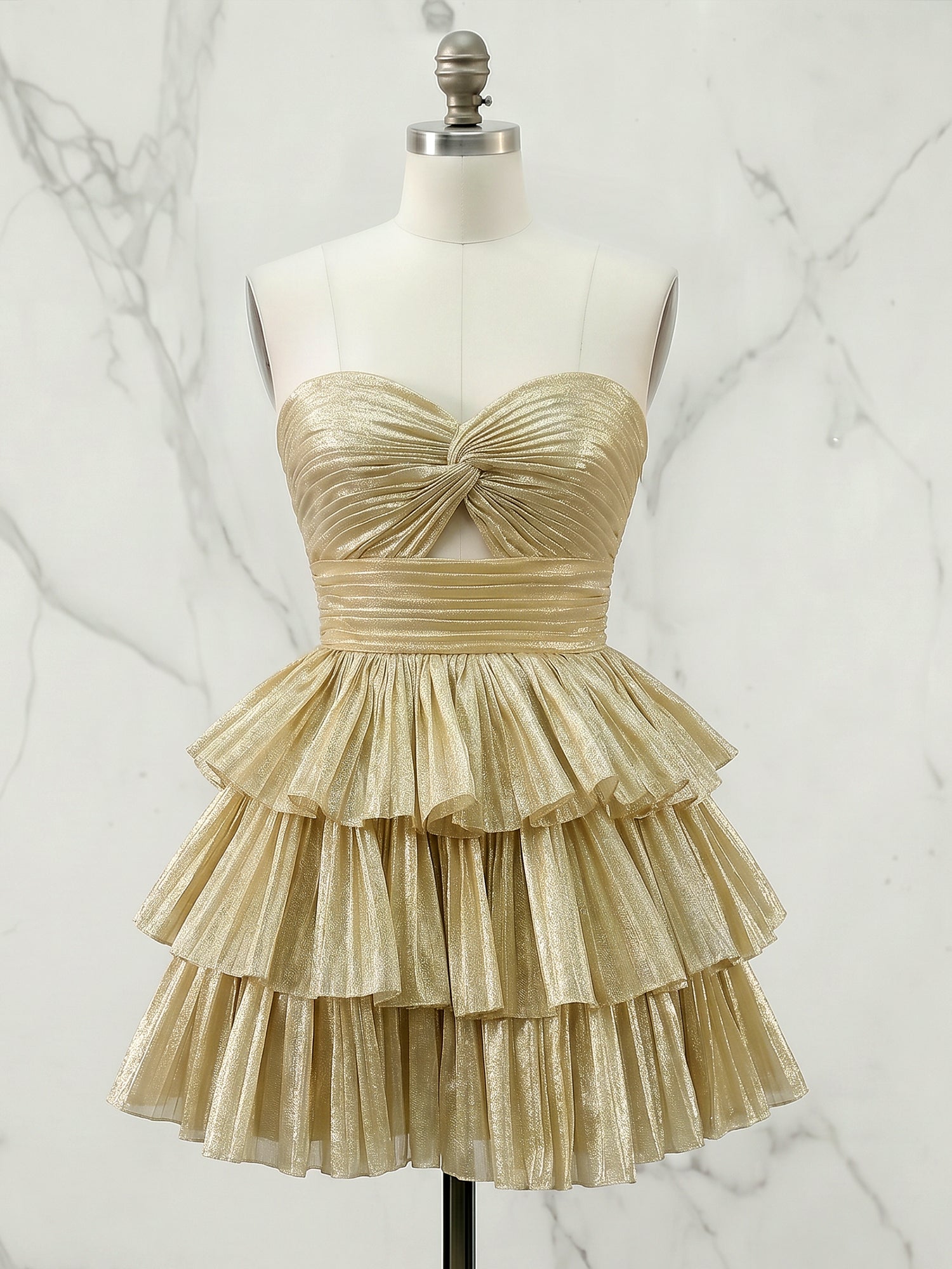 Sweetheart Twist-Front Pleated Homecoming Mini Dress with Tiered Ruffles