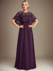 A-line Boat Neck Floor-Length Lace Chiffon Mother of the Bride Dress With Applique Sequins