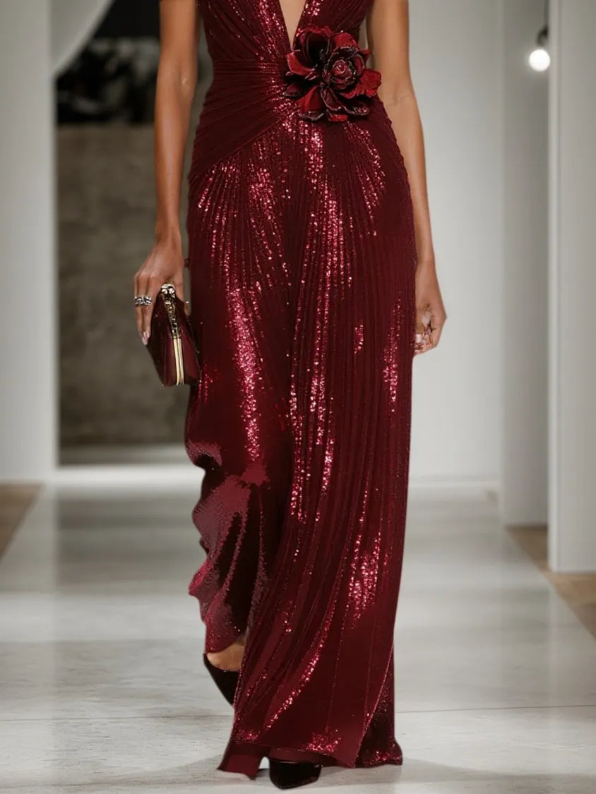 Wine Red 3D Floral Sequin V Neck Sleeveless Sheath Maxi Dress