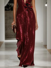 Wine Red 3D Floral Sequin V Neck Sleeveless Sheath Maxi Dress