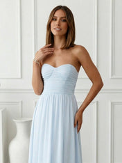 Light Blue Sweetheart Chiffon A Line Maxi Dress with Pleat