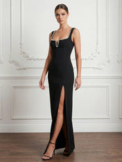 Black Regular Straps Satin Mermaid Maxi Dress with Slit